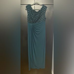 Hunter Green elegant long dress with sequence and flattering ruffle, no sleeves